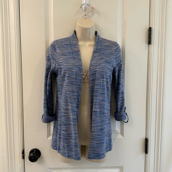 J Jill Cotton Open Front Cardigan Size XSP Roll Up Long Sleeve Heathered Blue - Picture 2 of 13